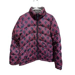 Lands' End Navy Pink Geometric Pattern Down Puffer Jacket Zipper Pockets Small